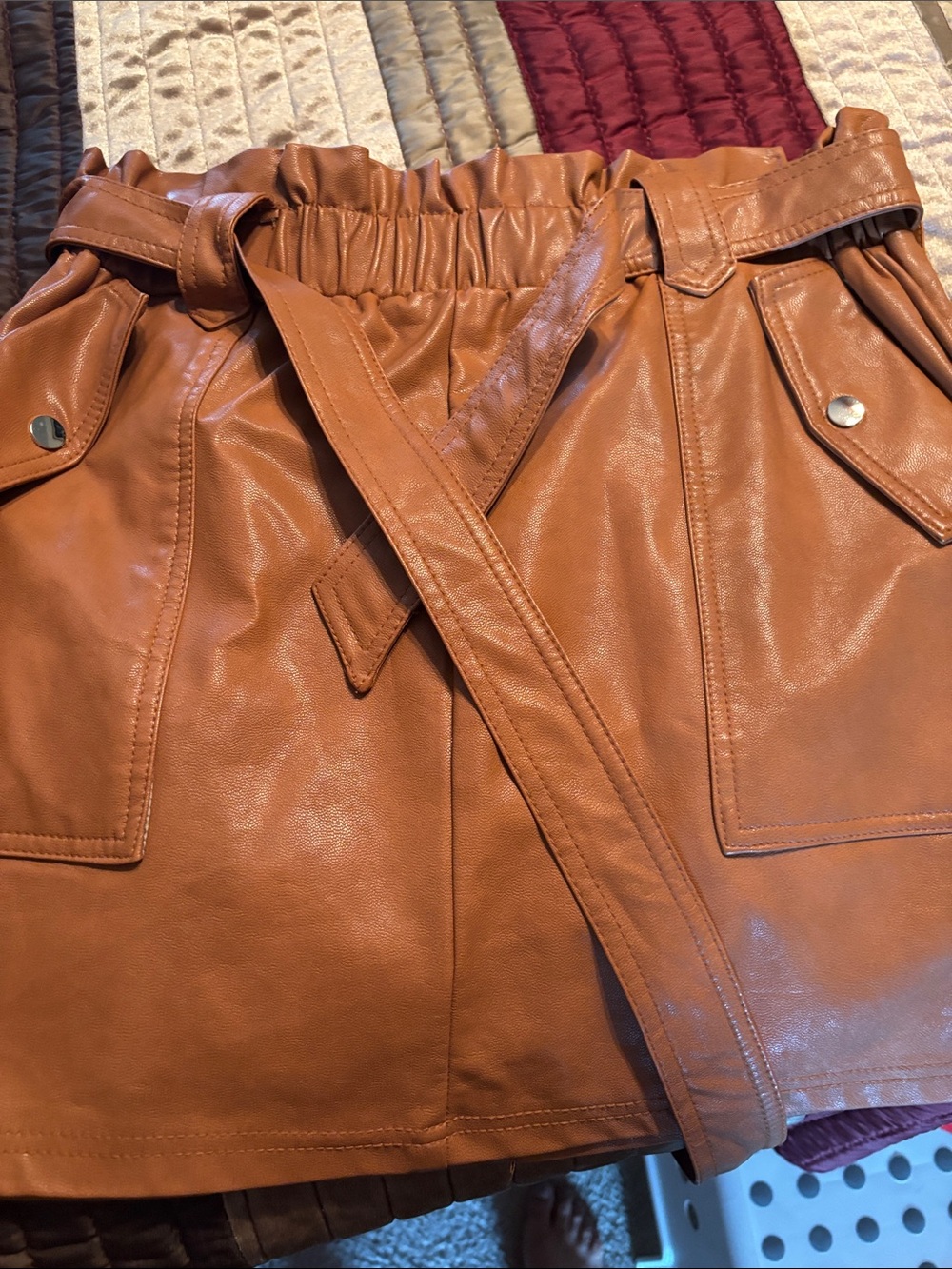 iris Faux Leather Mini Skirt in Cognac Brown with Belt